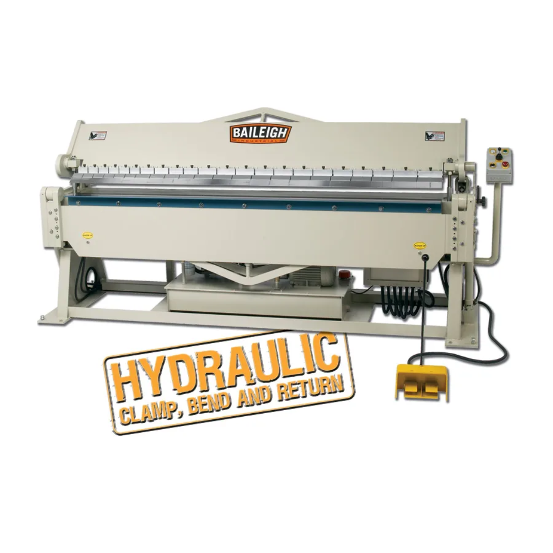 Baileigh Hydraulic Box and Pan Brake (BB-9612H) 1021004 industrial hydraulic box and pan brake featuring a 96-inch bending capacity, hydraulic clamp, bend and return operation, segmented finger tooling, heavy-duty welded steel construction, and precision sheet metal forming for fabrication and manufacturing.