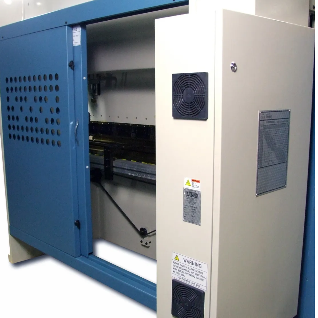 Baileigh Hydraulic Brake Press BP-5078CNC 1010285 side view of enclosed hydraulic power unit and electrical cabinet designed for reliable high-performance press brake operation.