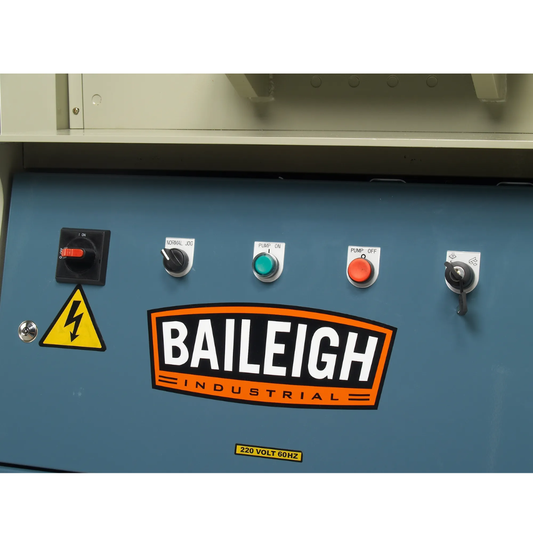Baileigh Hydraulic Iron Worker SW-621 1007809 front control panel with Baileigh branding, industrial electrical controls, emergency stop, and durable steel cabinet designed for reliable hydraulic ironworker operation.