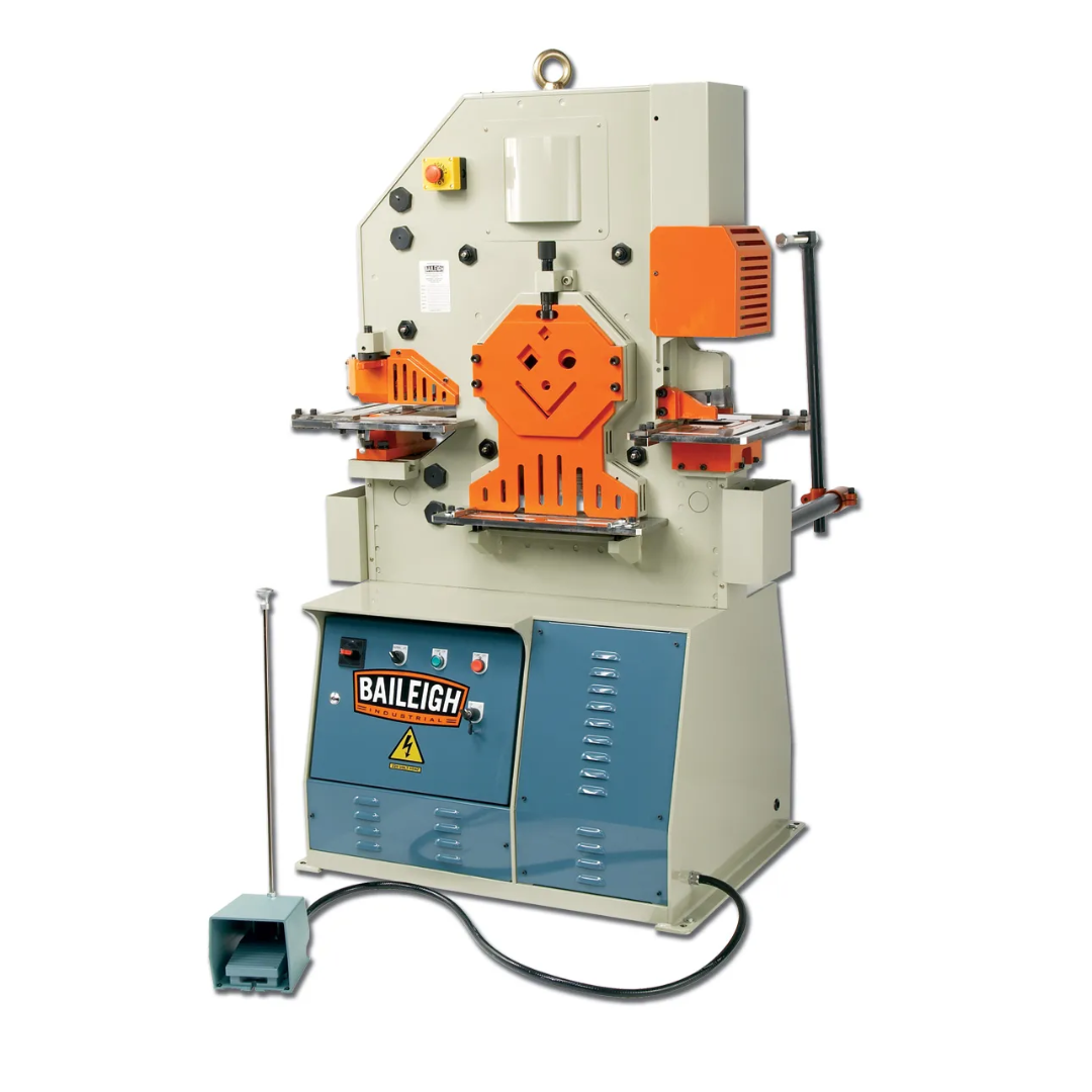Baileigh Hydraulic Iron Worker SW-621 1007809 heavy-duty hydraulic ironworker featuring integrated punching, shearing, notching, and bar cutting stations with industrial steel frame, foot pedal operation, precision worktable, and multi-function tooling for metal fabrication.