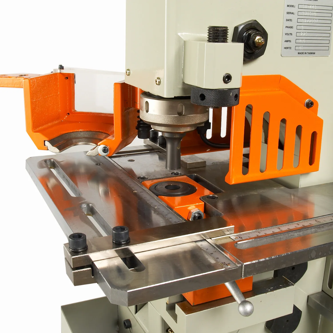 Baileigh Hydraulic Iron Worker SW-621 1007809 precision punching station featuring adjustable worktable, hydraulic punch assembly, and material guides for consistent hole production.