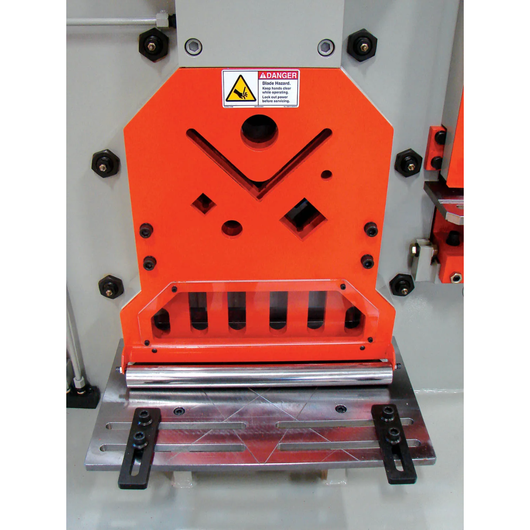 Baileigh Hydraulic Ironworker SW-95 1007865 close-up of the hydraulic punching station with precision punch and die assembly for accurate hole production in steel fabrication.