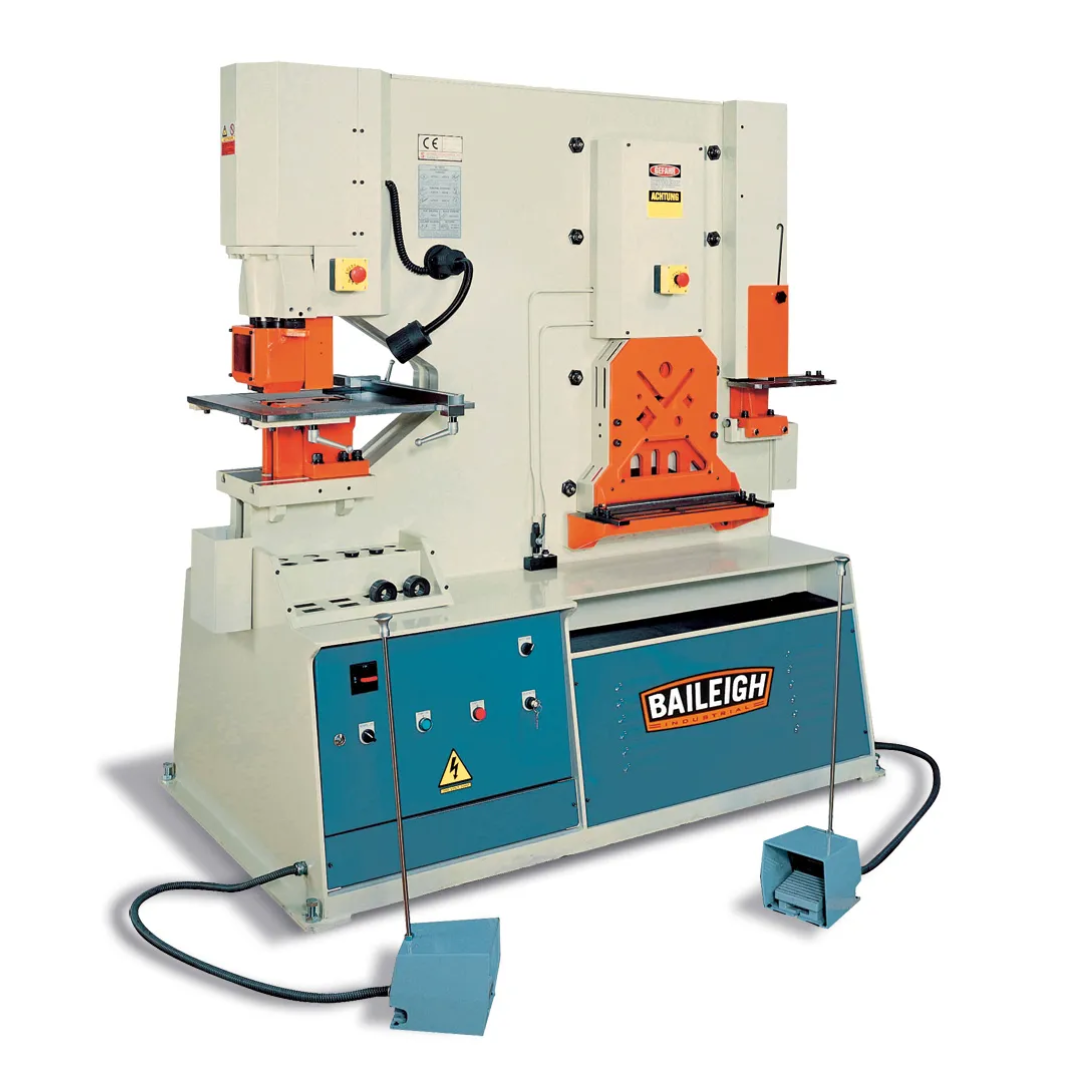 Baileigh Hydraulic Ironworker SW-95 1007865 heavy-duty hydraulic ironworker featuring integrated punching, flat bar shearing, angle shearing, notching, and coping stations with industrial steel frame, foot pedal controls, and precision fabrication tooling.