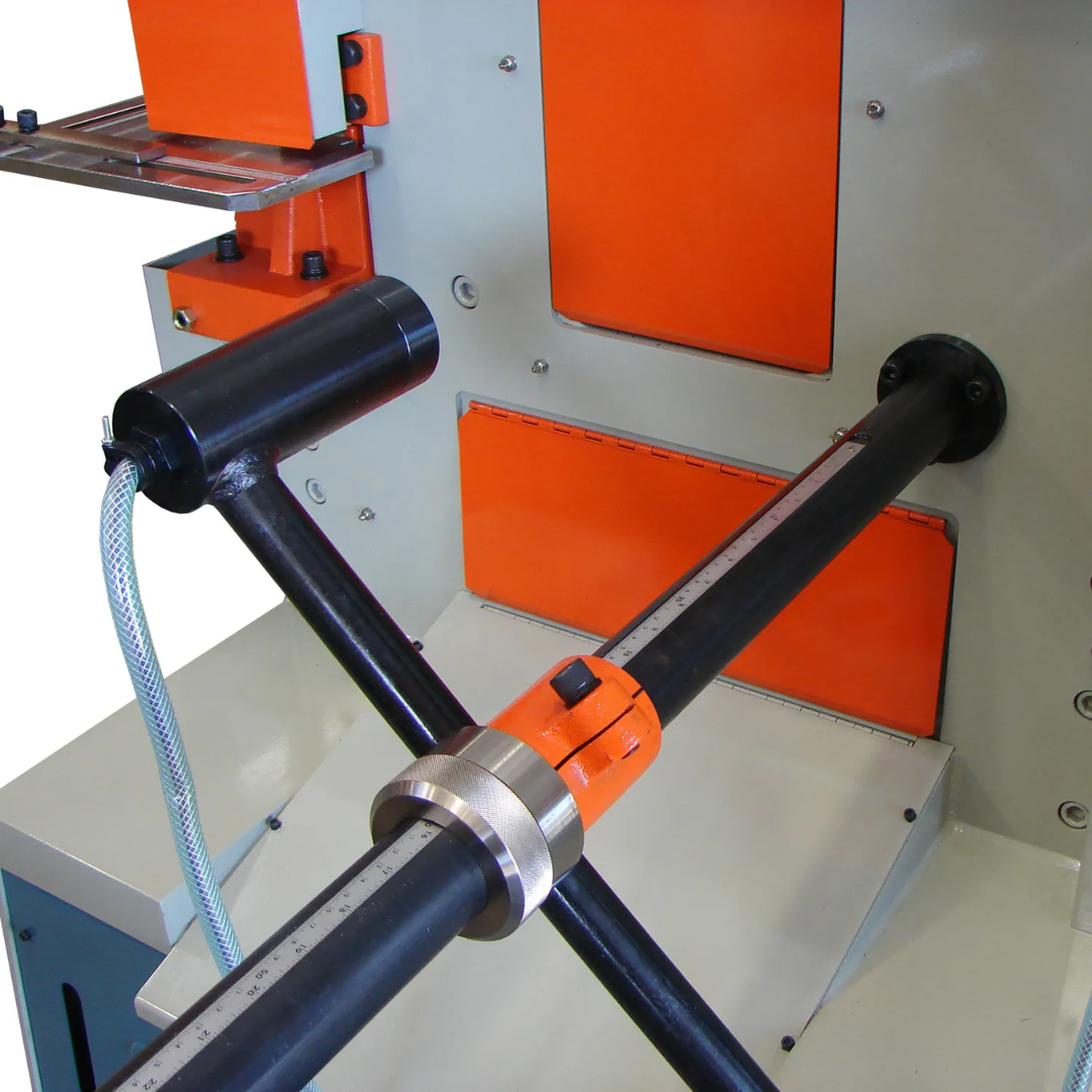 Baileigh Hydraulic Ironworker SW-95 1007865 integrated tooling storage tray with organized compartments for punches, dies, and fabrication accessories.