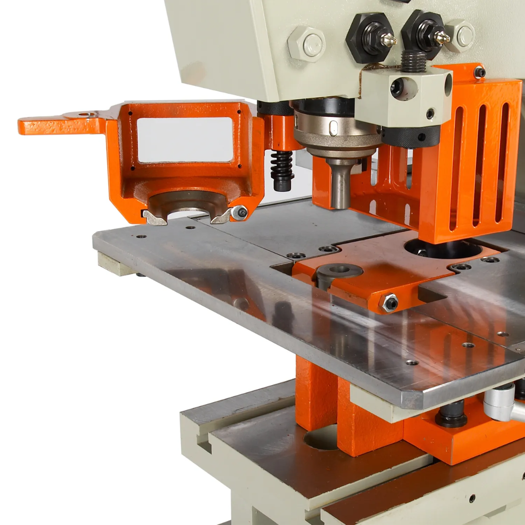 Baileigh Hydraulic Ironworker SW-95 1007865 precision punching worktable with adjustable guides and hydraulic ram for repeatable industrial metal fabrication.