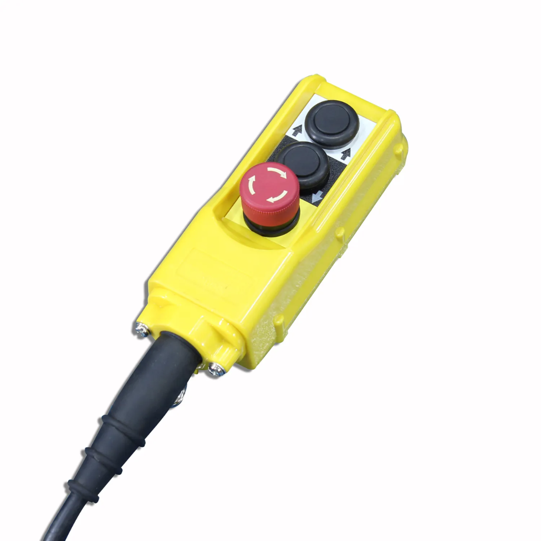 Baileigh Hydraulic Lift Table HLT-4400 1013589 handheld pendant control with emergency stop button for safe and precise hydraulic lift operation.