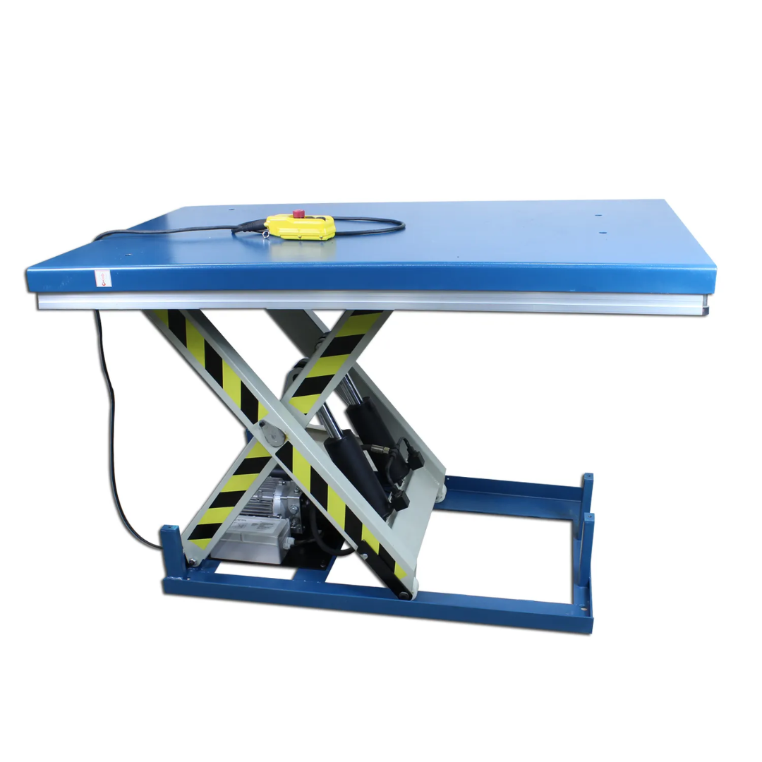 Baileigh Hydraulic Lift Table HLT-4400 1013589 raised to working height, demonstrating smooth hydraulic lifting for industrial loading and ergonomic positioning.