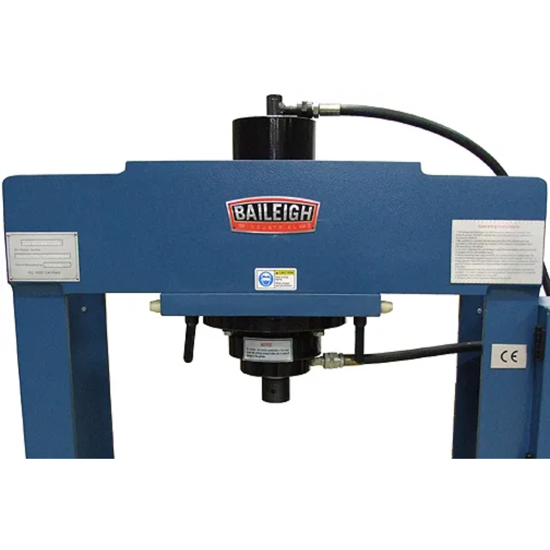 Baileigh Hydraulic Press HSP-30M 1012401 front press head assembly close-up displaying the hydraulic ram, adjustable pressing area, and reinforced frame construction for accurate force application.