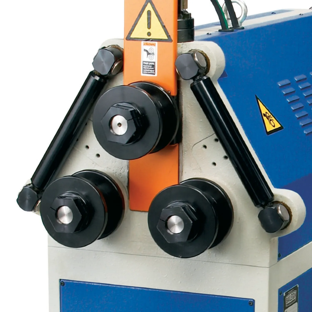 Baileigh Hydraulic Roll Bender R-H45 1006835 close-up of the three-roll hydraulic bending head with hardened rollers designed for accurate forming of tubing, pipe, and structural metal profiles.