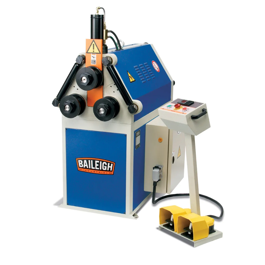 Baileigh Hydraulic Roll Bender R-H45 1006835 heavy-duty hydraulic roll bender with three powered rollers, adjustable control pedestal, foot pedal operation, and industrial steel frame for precision rolling of pipe, tube, angle iron, flat bar, and structural profiles.