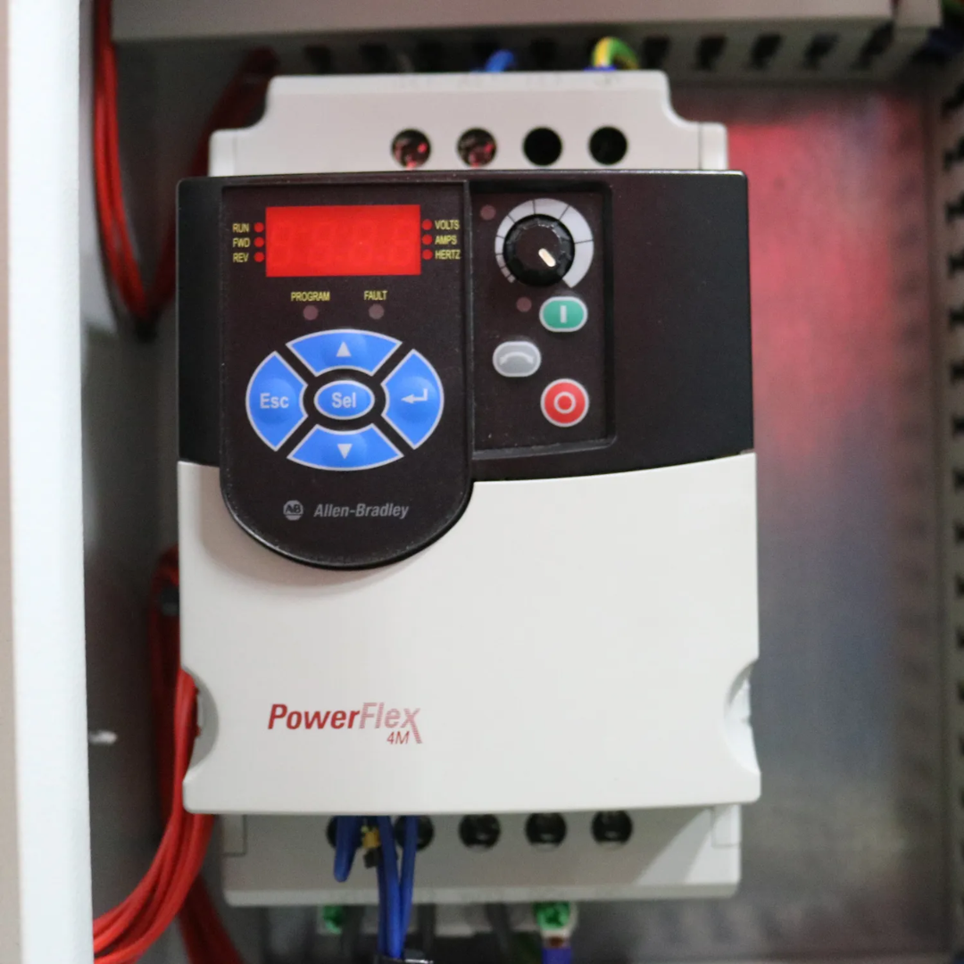 Baileigh Hydraulic Roll Bender R-H45 1006835 variable frequency drive (VFD) control system providing adjustable roller speed for precise hydraulic profile rolling and industrial metal forming.