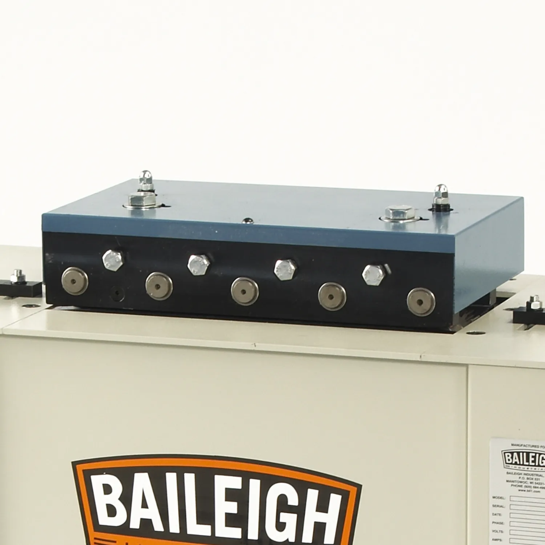 Baileigh Lock Former Pittsburgh Machine - (LF-20) 1004984 forming roll assembly close-up displaying multiple roll stations designed for creating Pittsburgh locks and sheet metal profiles.