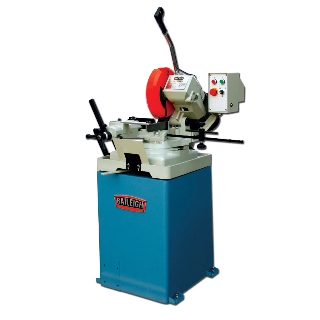 Baileigh Manual Cold Saw CS-275EU 1002434 full front view showing industrial manual cold saw with precision mitering head, integrated vise, and heavy-duty pedestal stand.