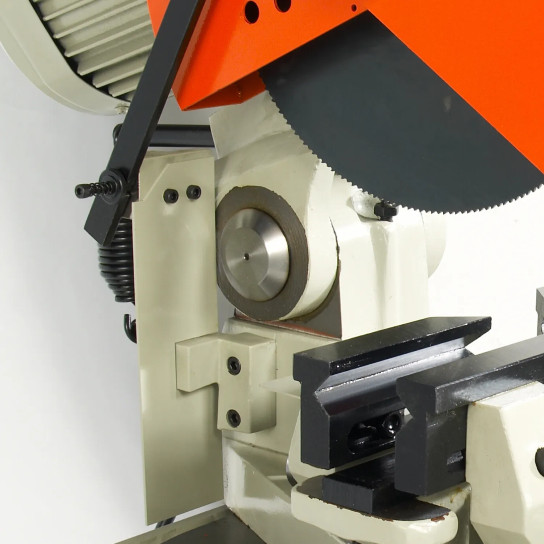 Baileigh Manual Cold Saw CS-350P 1002574 close-up of the manual cold saw blade guard, spindle assembly, and heavy-duty cast iron cutting head for precision metal cutting performance.