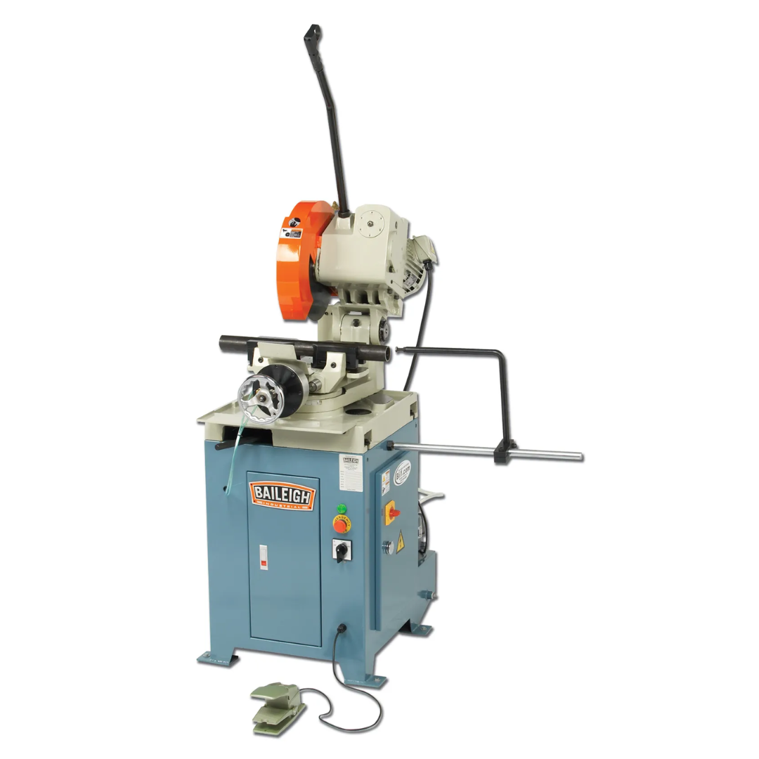 Baileigh Manual Cold Saw CS-350P 1002574 heavy-duty manual cold saw with precision 14-inch circular blade, adjustable mitering vise, industrial steel cabinet base, material support arm, and hand-operated cutting lever for accurate metal cutting.