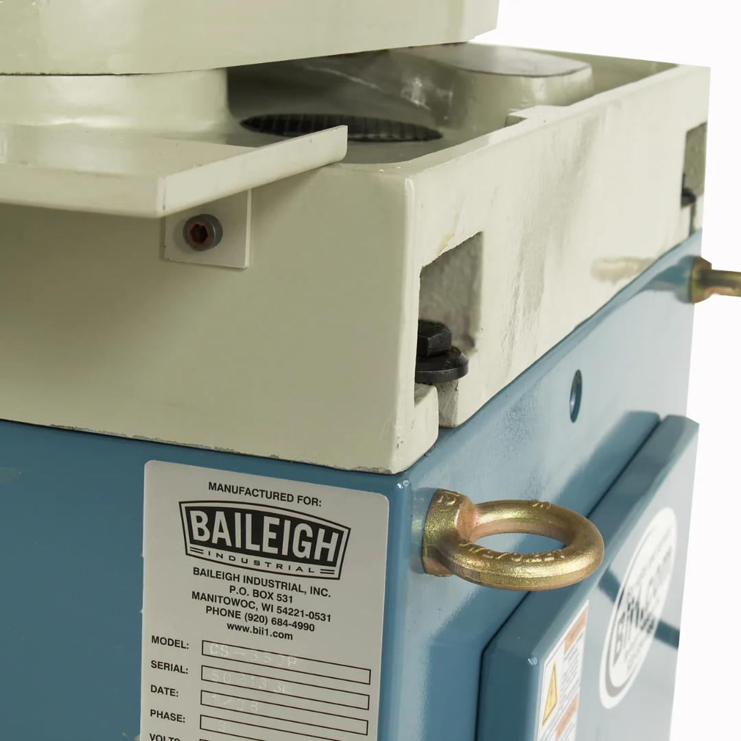 Baileigh Manual Cold Saw CS-350P 1002574 machine identification plate and coolant drain valve mounted on the industrial steel cabinet for convenient service access.