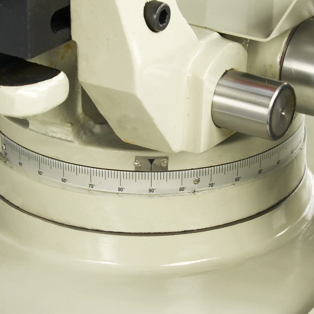 Baileigh Manual Cold Saw CS-350P 1002574 miter angle adjustment scale and rotating saw head providing precise angle settings for accurate metal fabrication and production cutting.