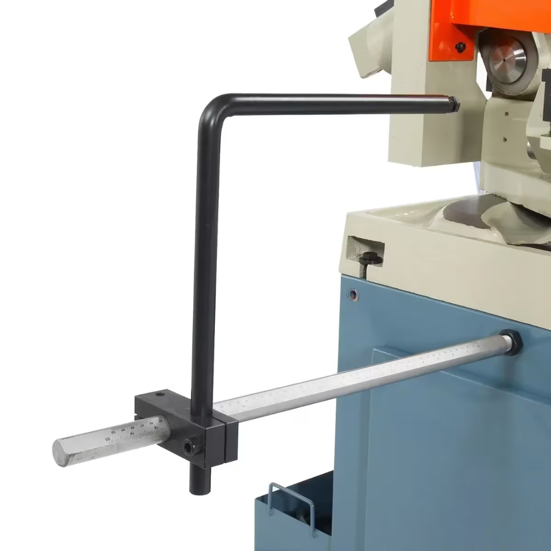 Baileigh Manual Cold Saw CS-355M 1002589 adjustable material stop and support arm designed for repeatable cut lengths and accurate production metal cutting.