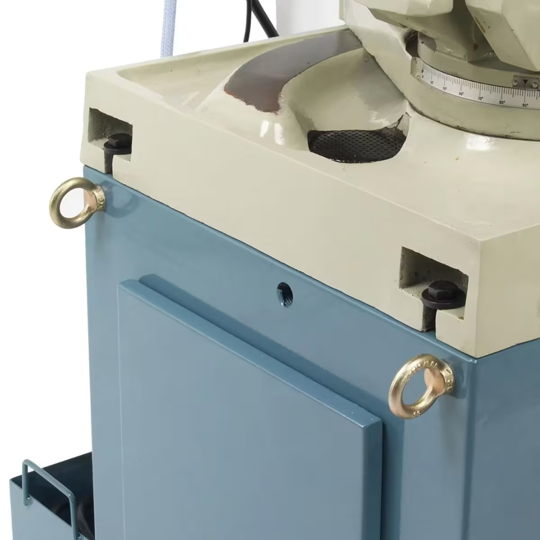 Baileigh Manual Cold Saw CS-355M 1002589 heavy-duty steel cabinet base with integrated coolant reservoir and industrial construction for stable precision cutting operations.