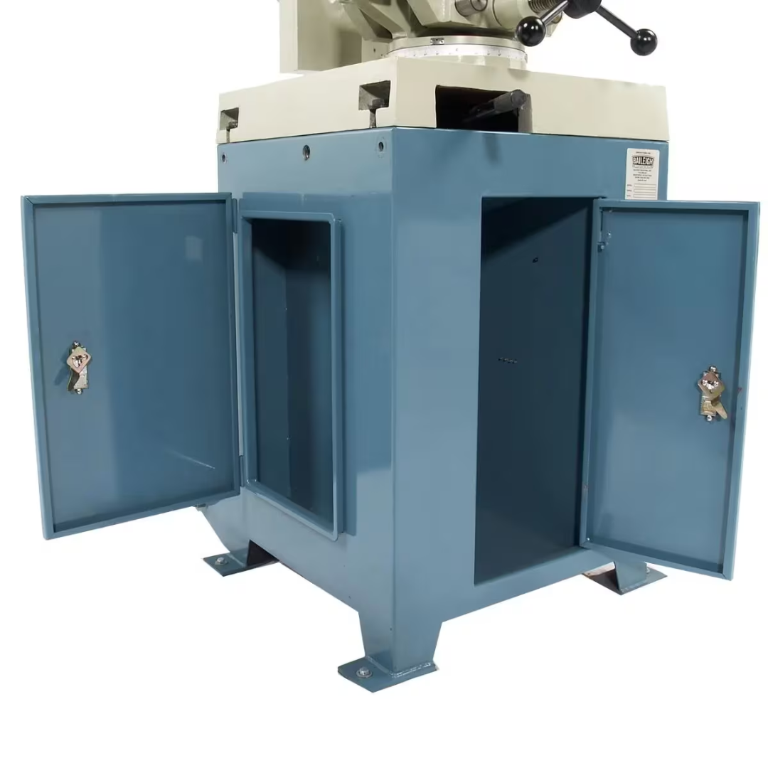 Baileigh Manual Cold Saw CS-355M 1002589 open steel cabinet base showing integrated storage and coolant access for convenient service and maintenance.