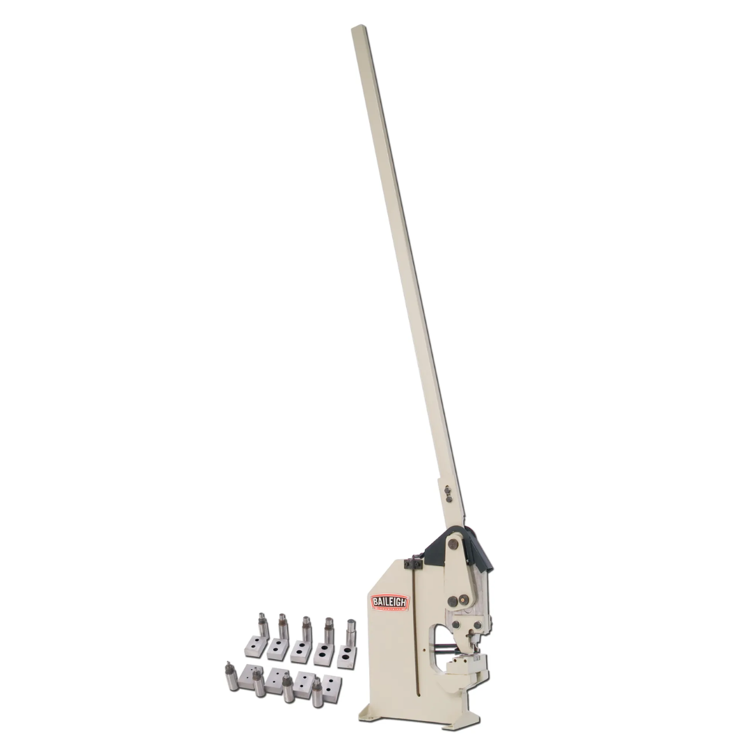 Baileigh Manual Sheet Metal Punch HP-160 1004679 shown with extended operating lever and accessory hardware, highlighting manual punching control and versatile tooling setup for sheet metal fabrication.