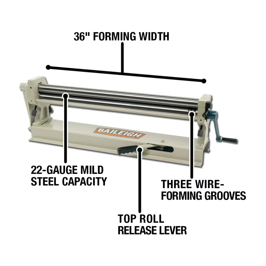Baileigh Manual Slip Roller - (SR-3622M) 1007304 specification image highlighting 36-inch forming width, 22-gauge mild steel capacity, and adjustable rear roller design for accurate sheet metal rolling and forming applications.