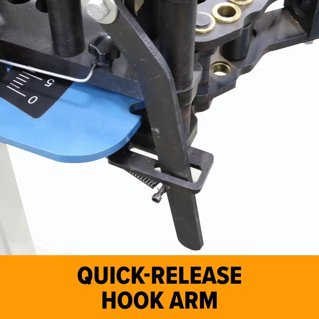 Baileigh Manual Tube Bender RDB-050 1006768 close-up of the quick-release hook arm mechanism designed to speed up material loading, unloading, and production bending operations.