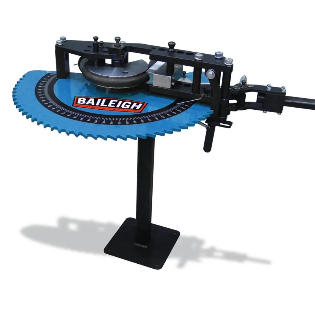 Baileigh Manual Tube Bender RDB-050 1006768 compact rotary draw tube bender with heavy-duty steel frame, manual operation, precision bending die, and floor-mounted stand for professional fabrication applications.