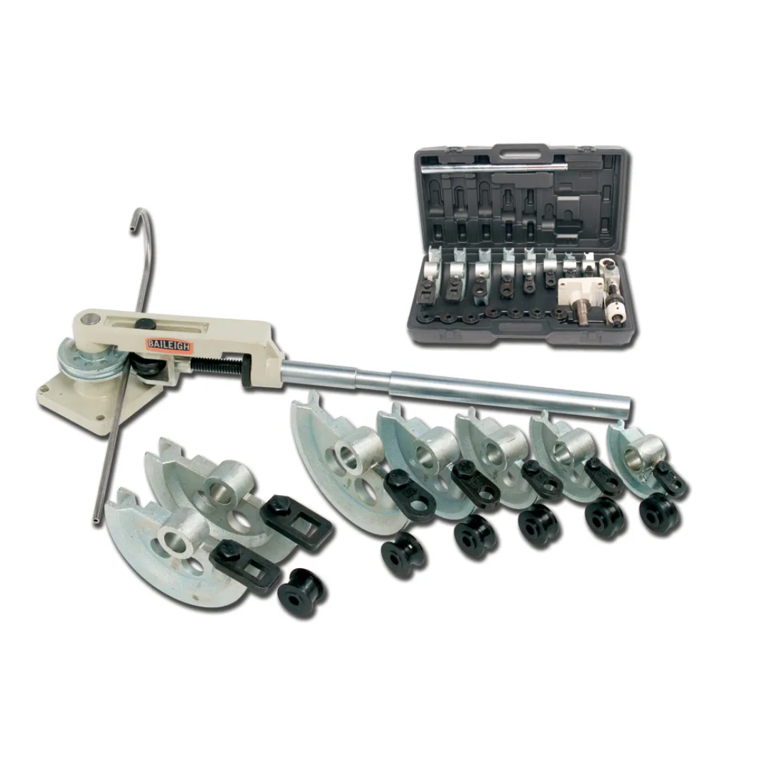 Baileigh Manual Tube Bender RDB-25 1006790 portable manual tube and pipe bender with cast iron frame, long leverage handle, interchangeable bending dies, and heavy-duty construction for precision metal fabrication.