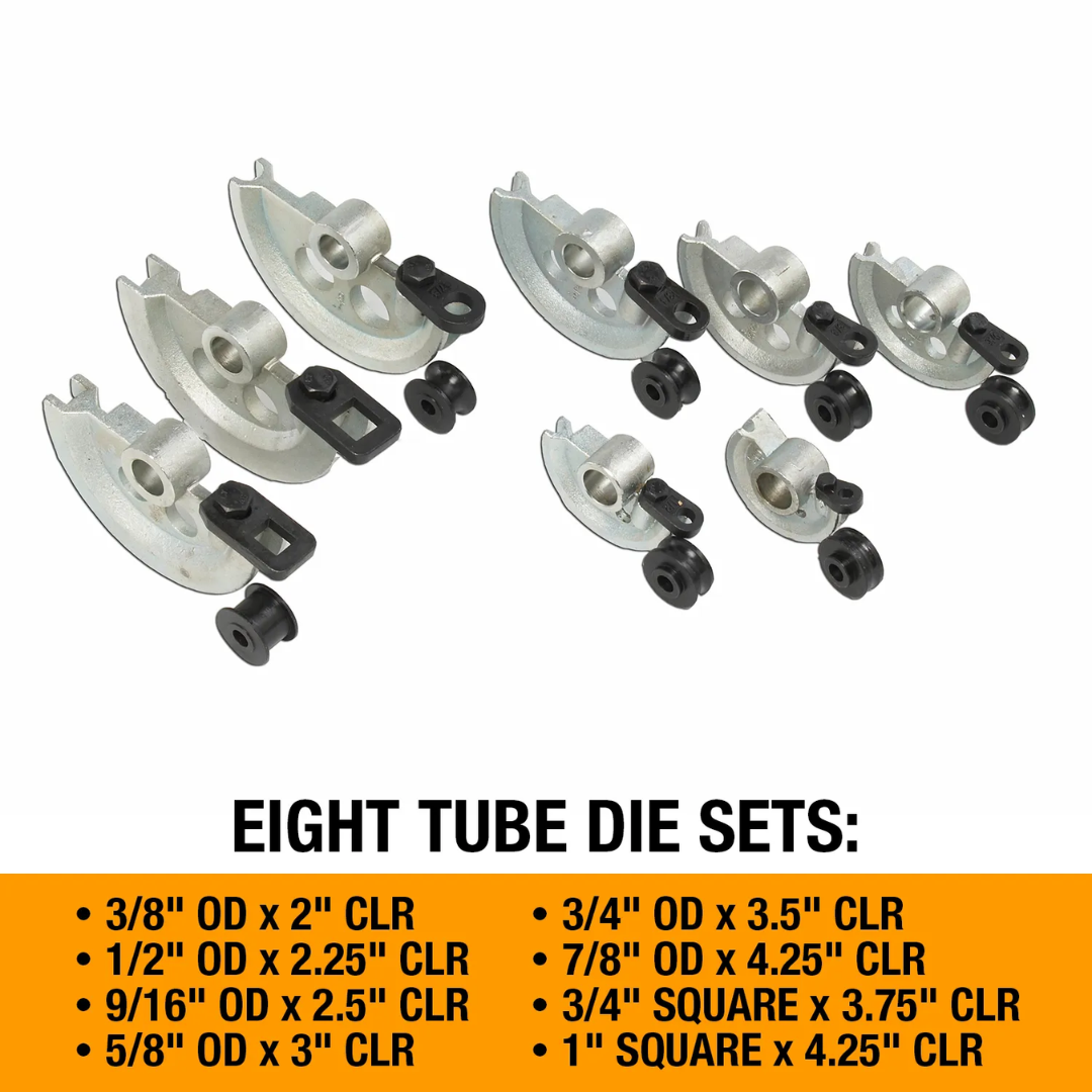 Baileigh Manual Tube Bender RDB-25 1006790 tube bending die set assortment featuring interchangeable tooling for producing precise bends in various tubing diameters and materials.
