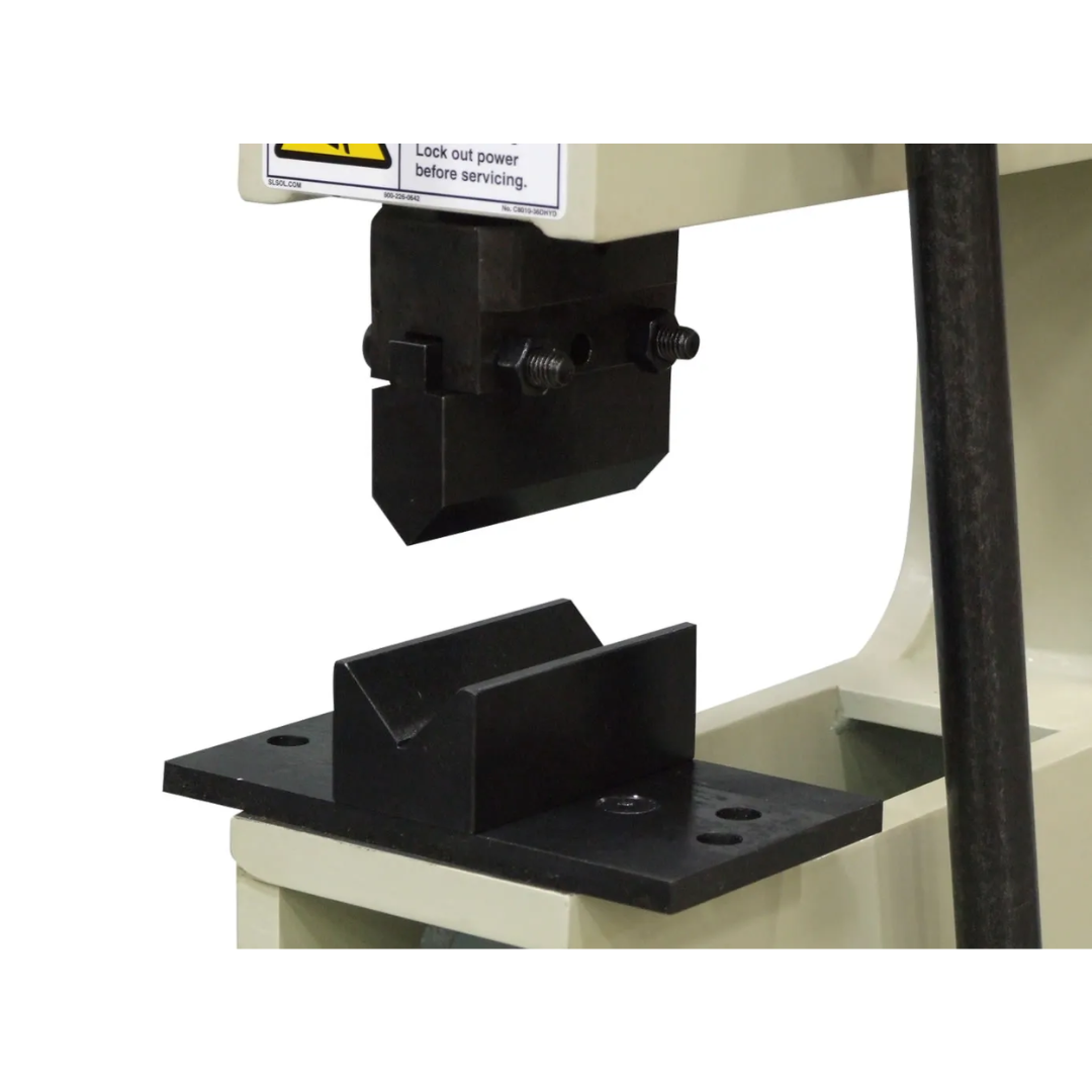 Baileigh Metal Bench Press - (BP-10E) 1000771A close-up of the pressing workstation showing die placement area, rigid frame support, and professional metalworking functionality.