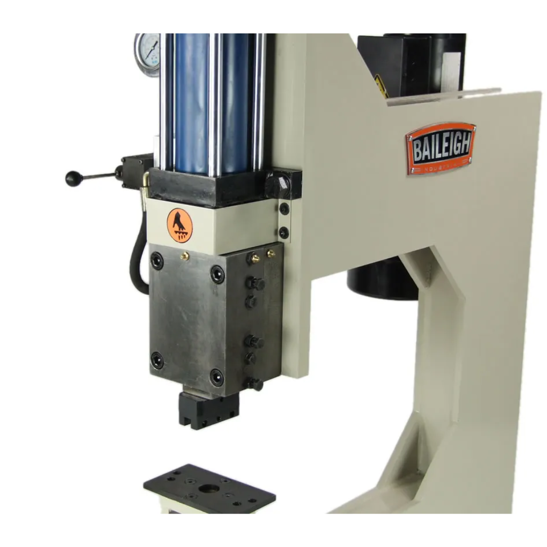 Baileigh Metal Bench Press - (BP-10E) 1000771A front angled view displaying the C-frame structure, pressing head, and open work area for easy part positioning and operation.