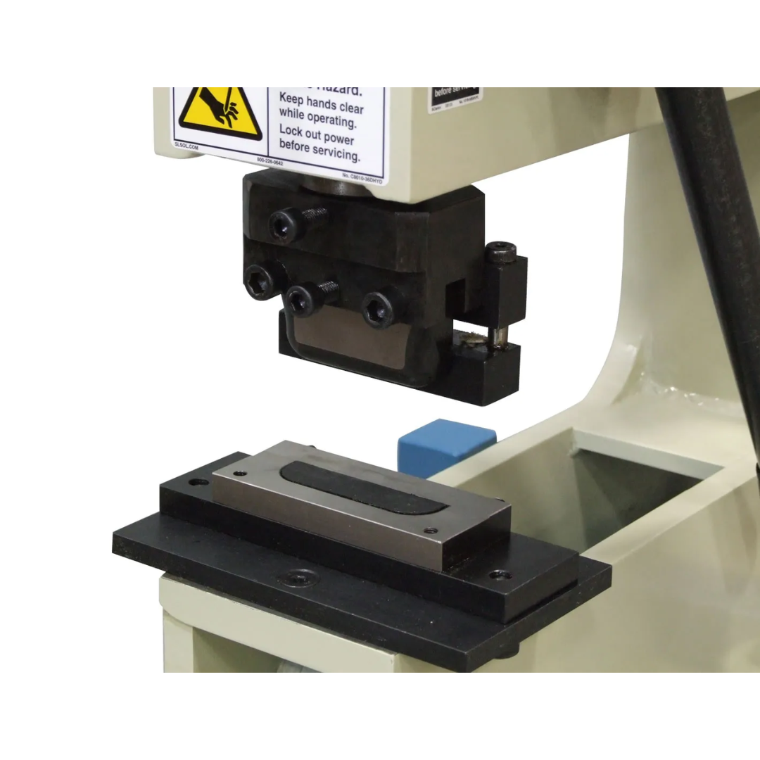 Baileigh Metal Bench Press - (BP-10E) 1000771A tooling setup detail featuring precision press tooling, flat work surface, and controlled force application for fabrication tasks.