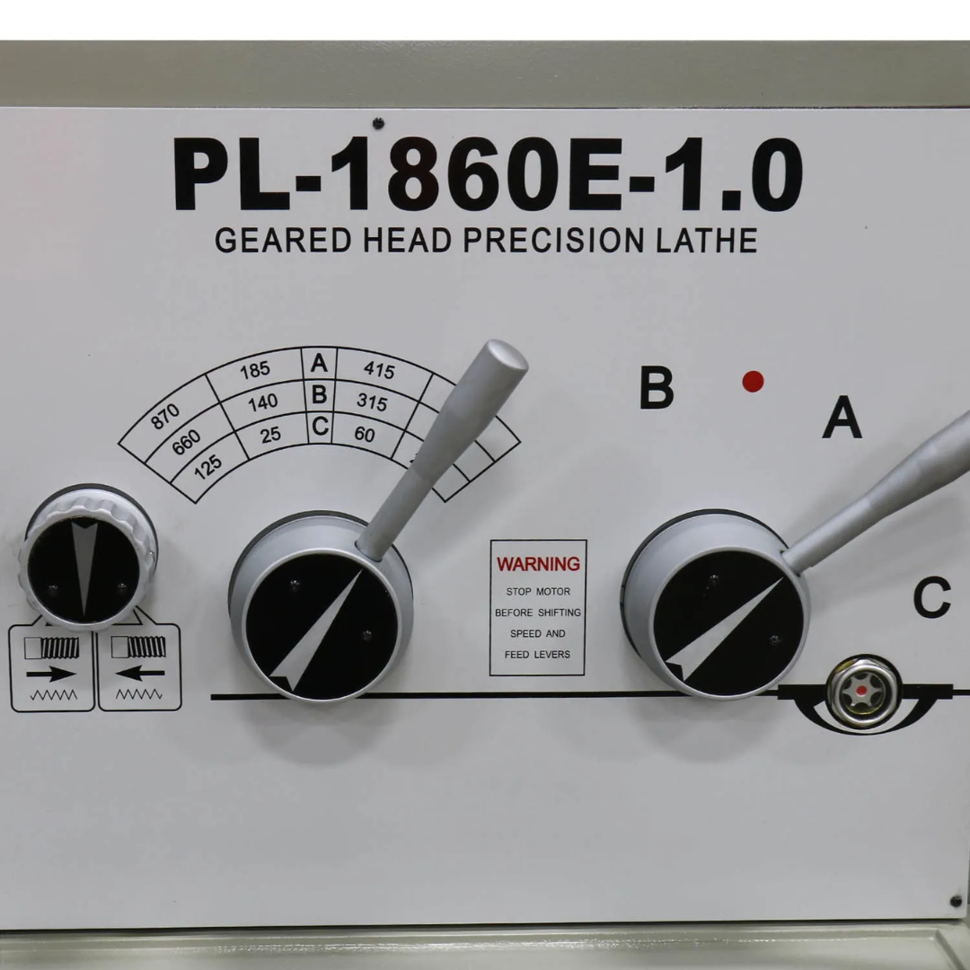 Baileigh Metal Lathe - PL-1860E 1016624 quick-change gearbox controls allowing fast selection of feed rates and threading configurations.