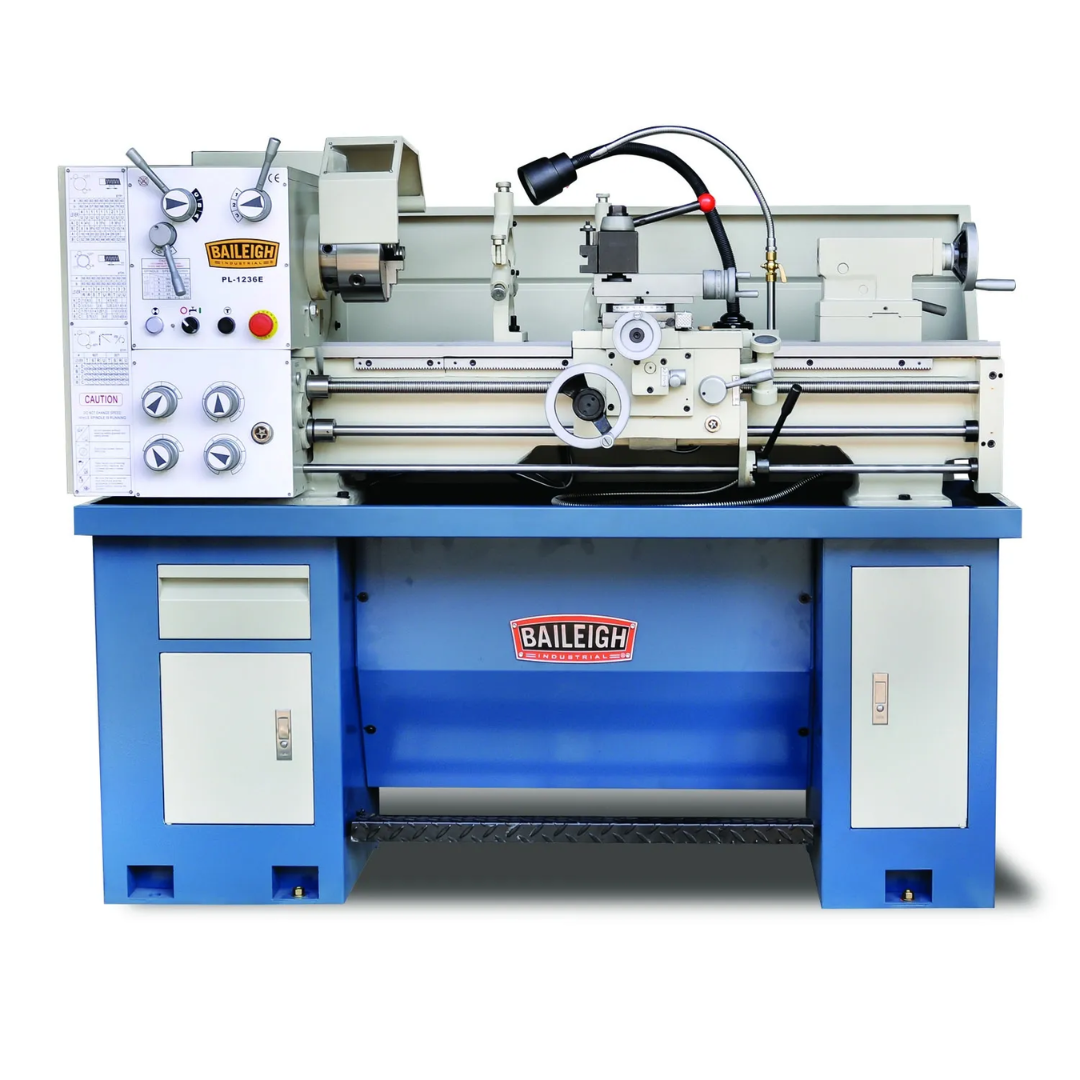 Baileigh Metal Lathe PL-1236E 1016616 precision engine lathe with heavy-duty steel cabinet, manual controls, gearbox drive system, and professional metalworking capabilities for turning, facing, threading, and machining operations.