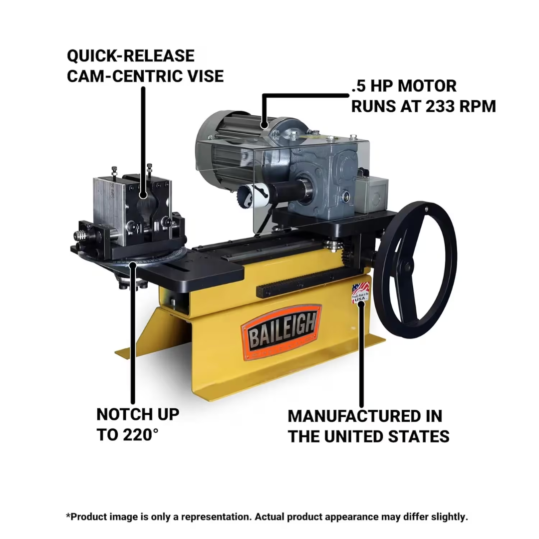 Baileigh Pipe Notcher TN-300 BA9-TN300 side-angle view displaying compact industrial design, adjustable tooling system, and robust fabrication equipment for professional metalworking environments.