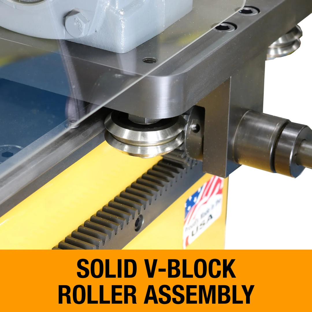 Baileigh Pipe Notcher TN-300 BA9-TN300 solid V-block roller assembly providing stable pipe support for precise alignment, smooth operation, and repeatable notching accuracy.