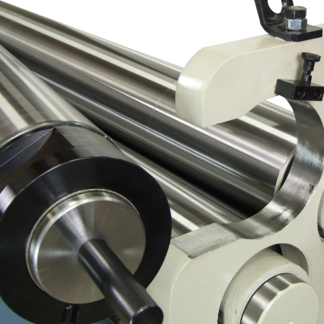Baileigh Plate Roller PR-510 1006533 close-up of polished precision rollers designed for accurate sheet metal feeding, bending, and forming.