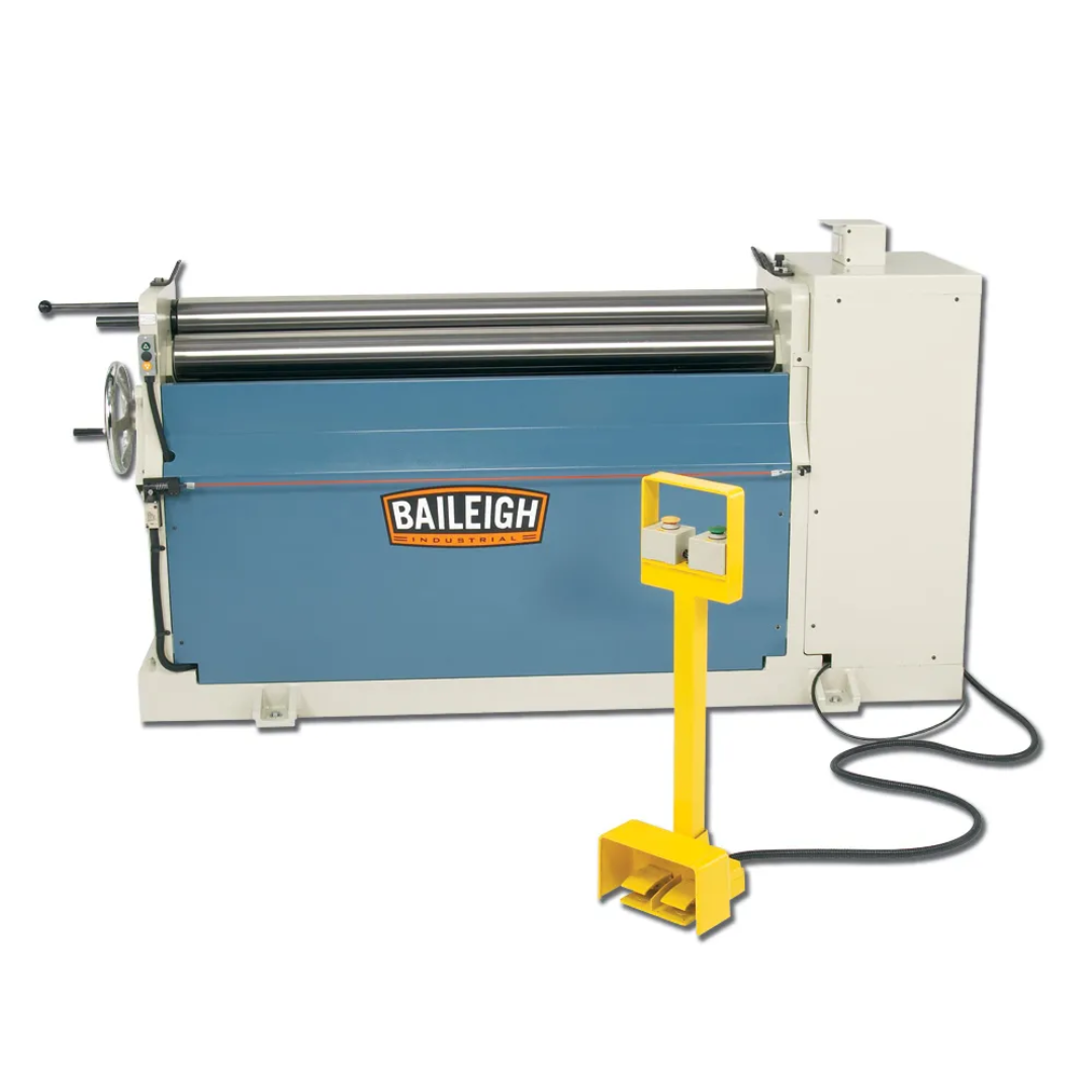 Baileigh Plate Roller PR-510 1006533 heavy-duty industrial plate rolling machine with precision steel rollers, foot pedal controls, and rugged fabricated steel frame for sheet metal forming.