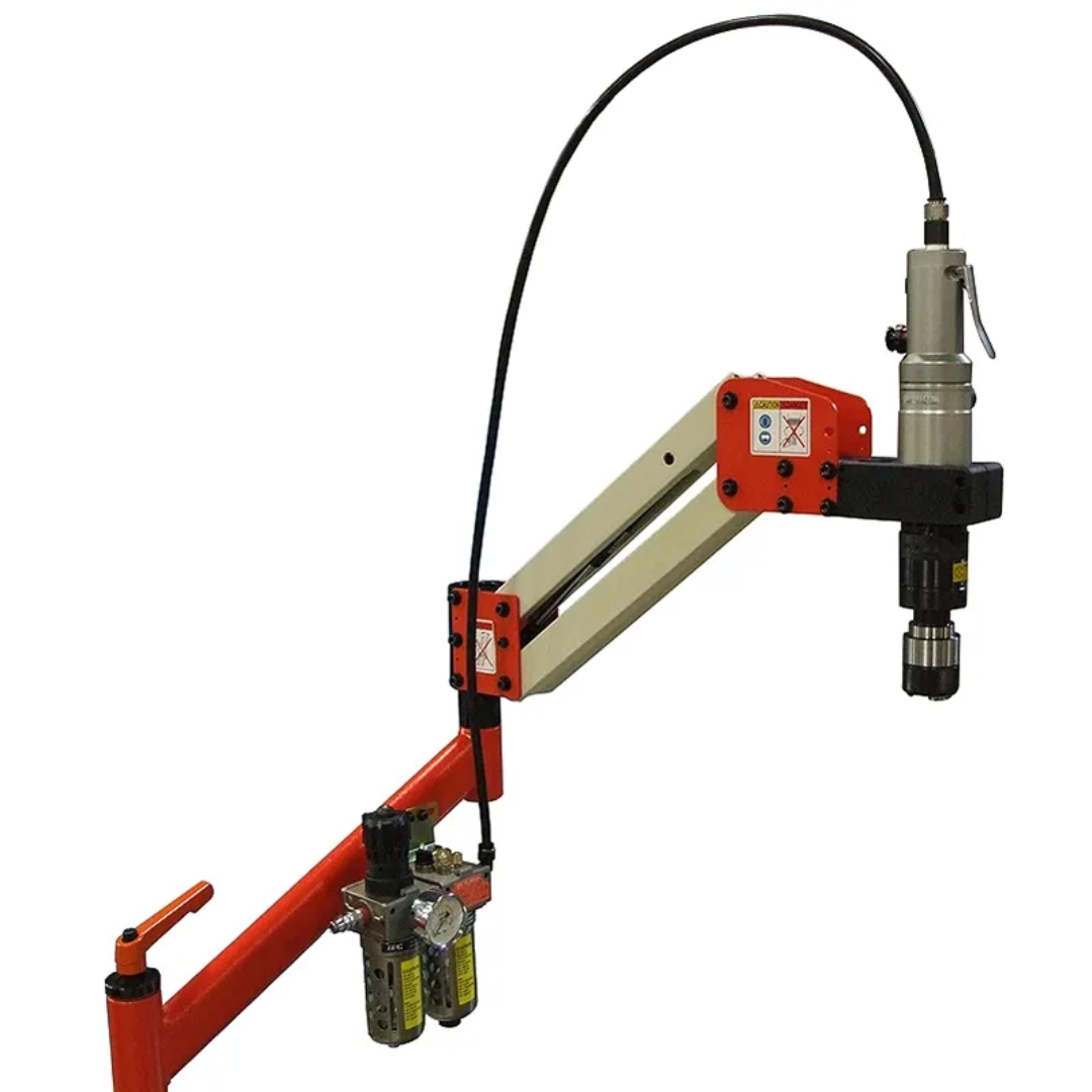 Baileigh Pneumatic Tapping Arm ATM-27-1000 BA9-1000326 side view showing adjustable articulated arm design, pneumatic tapping head, and flexible positioning for accurate threading operations.