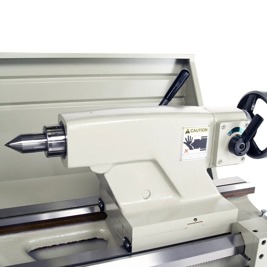 Baileigh Precision Metal Lathe PL-2080 1006176 adjustable tailstock with quill support for drilling, reaming, and supporting long workpieces during machining.