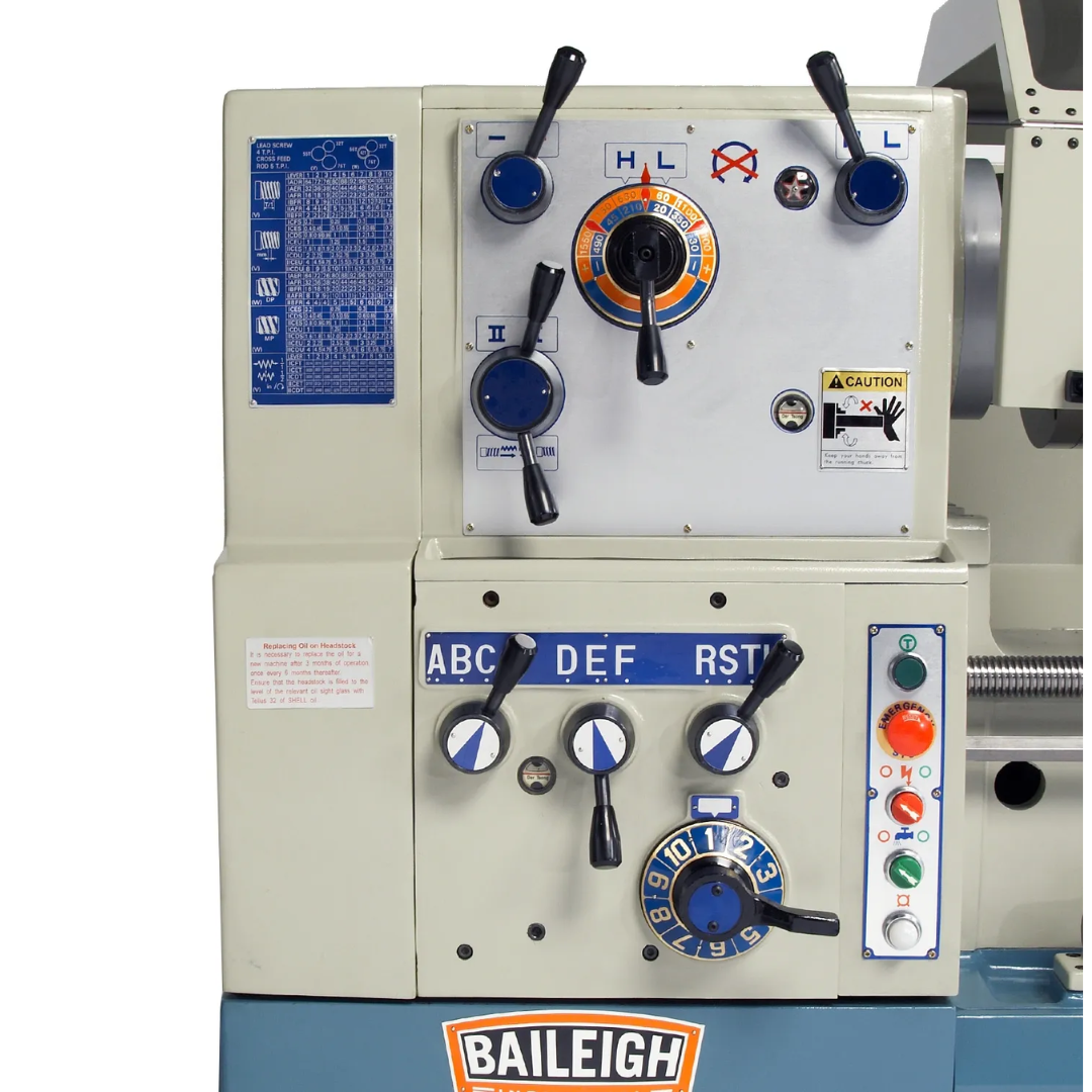 Baileigh Precision Metal Lathe PL-2080 1006176 geared headstock control panel with spindle speed and feed selectors for versatile metalworking applications.