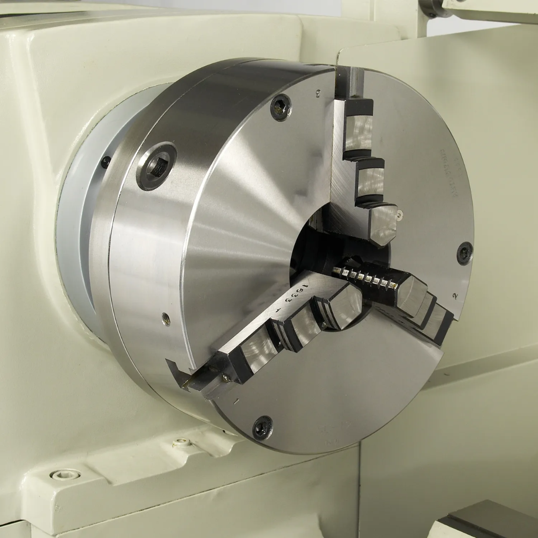 Baileigh Precision Metal Lathe PL-2080 1006176 precision three-jaw chuck securely holding round workpieces for accurate machining and facing operations.