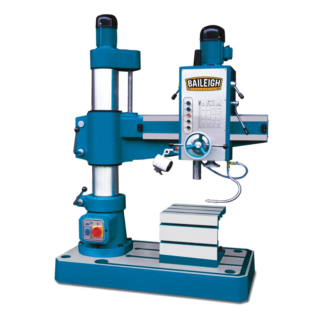 Baileigh Radial Drill RD-1000M 1008487 front view featuring a heavy-duty radial arm drill press with adjustable drilling head, precision spindle, rigid cast iron base, T-slot work table, and industrial column for large-capacity metal drilling applications.