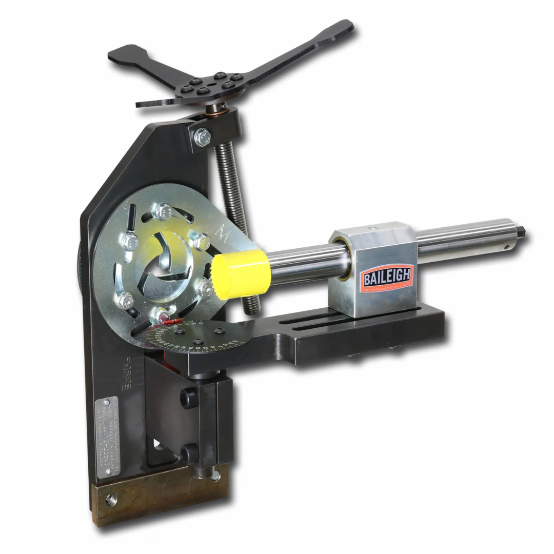 Baileigh Radial Jaw Tube and Pipe Notcher, 2.5" OD Capacity (TN-250) BA9-METN250 manual tube notching machine with radial jaw design, precision angle adjustment, and self-centering vise for accurate pipe fabrication.