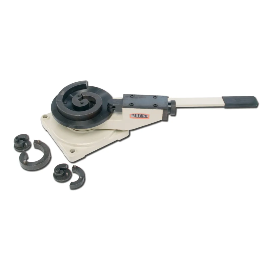 Baileigh Scroll Bender (MPB-10) 1005648 complete manual scroll bending machine with adjustable bending arm and interchangeable scroll forming dies for decorative metal fabrication.