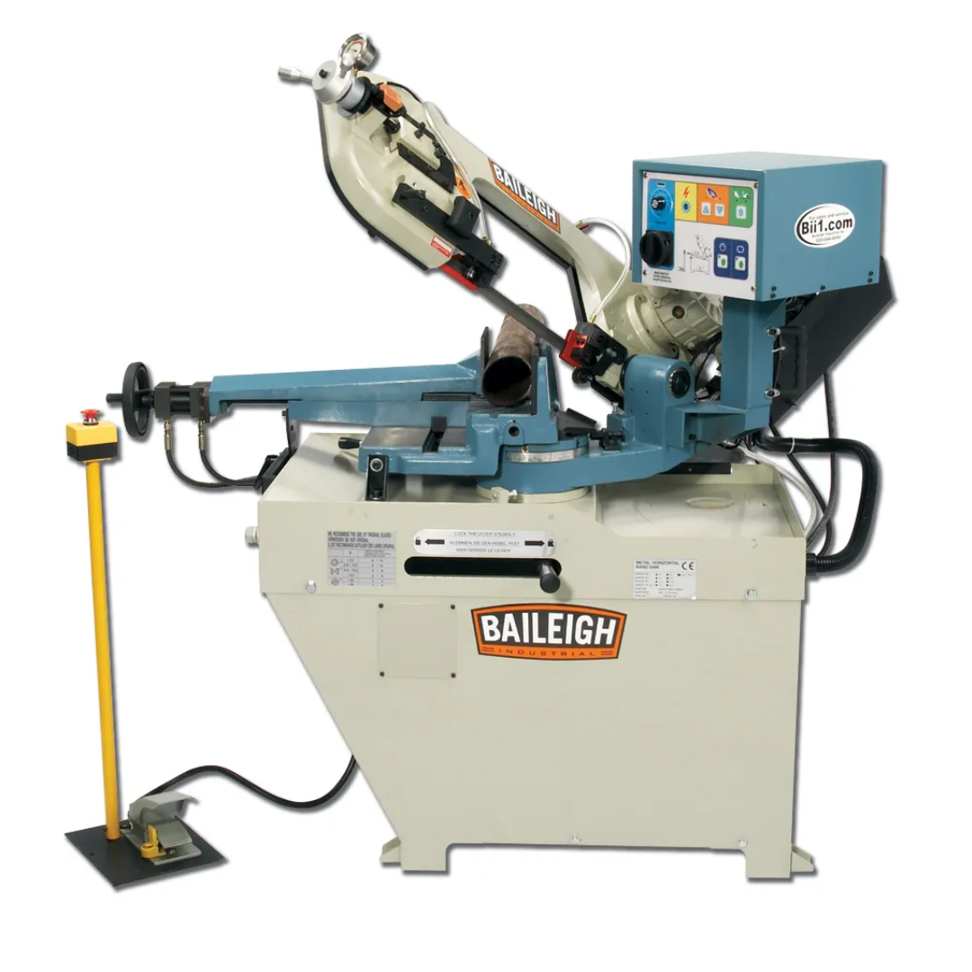 Baileigh Semi-Auto Bandsaw - BS-260SA 1001438 industrial semi-automatic horizontal bandsaw with hydraulic vise, programmable controls, and heavy-duty steel base for precision metal cutting.