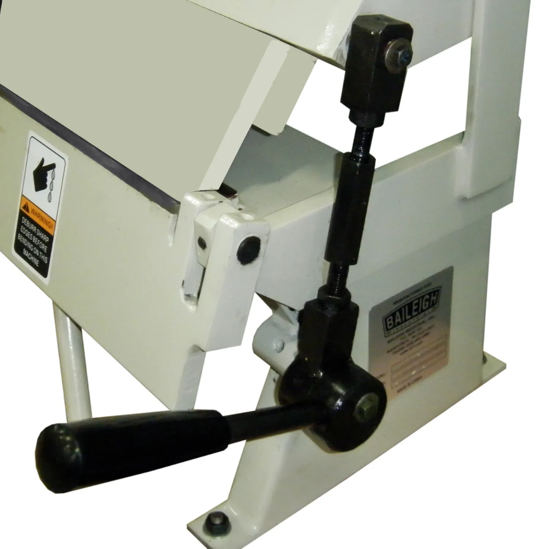Baileigh Sheet Metal Brake (HB-4816E) 1004650 close-up of manual clamping and adjustment mechanism engineered for precise sheet metal bending operations.