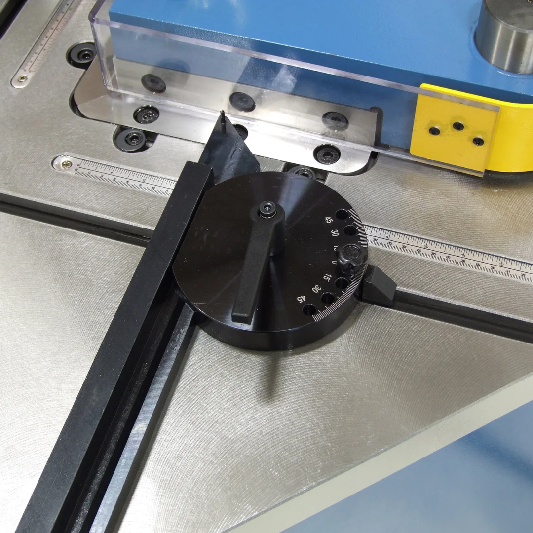 Baileigh Sheet Metal Corner Notcher SN-F09-MS 1007231 adjustable angle guide and workpiece support system for accurate sheet metal corner notching.