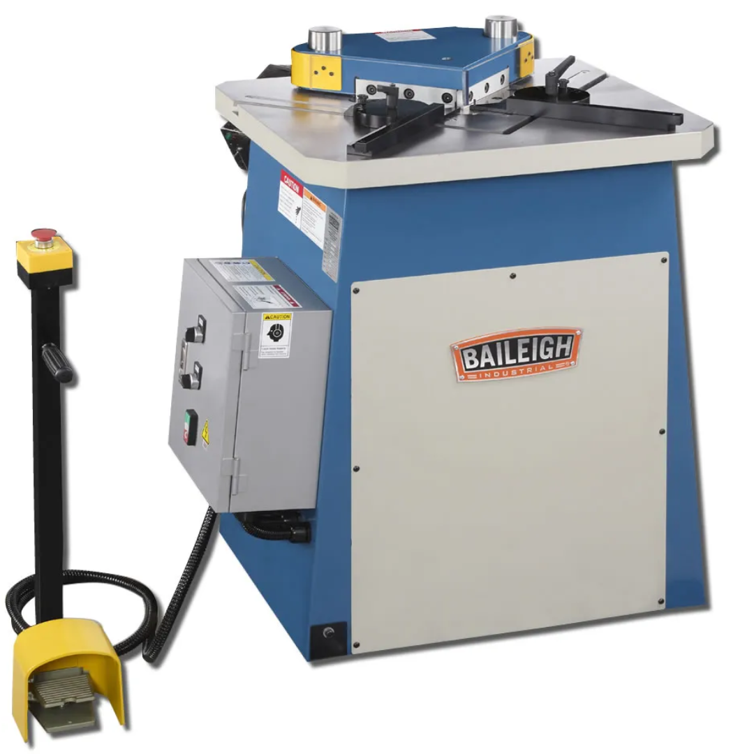 Baileigh Sheet Metal Corner Notcher SN-F09-MS 1007231 heavy-duty hydraulic sheet metal corner notching machine with precision worktable, foot pedal controls, and industrial steel cabinet.